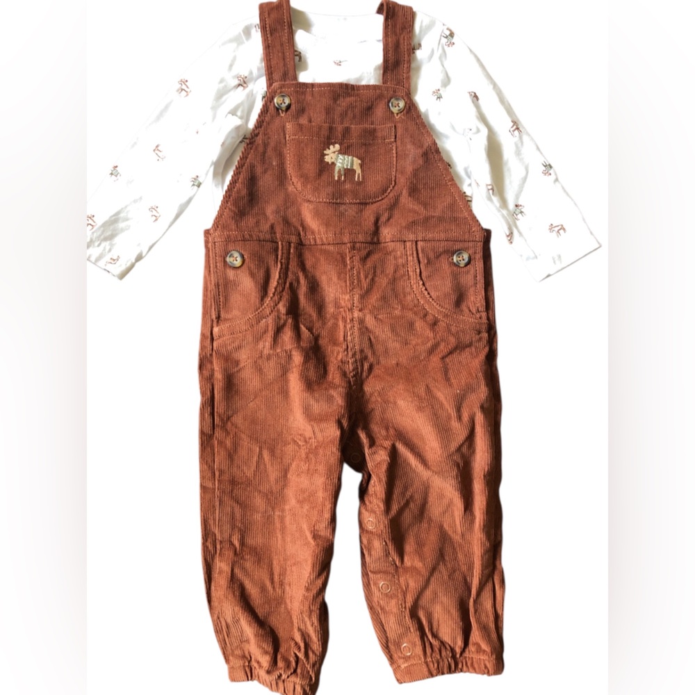 Carters Just One You 2pc Brown Moose Corduroy Overalls & Long Sleeve Top Sz 9 mo